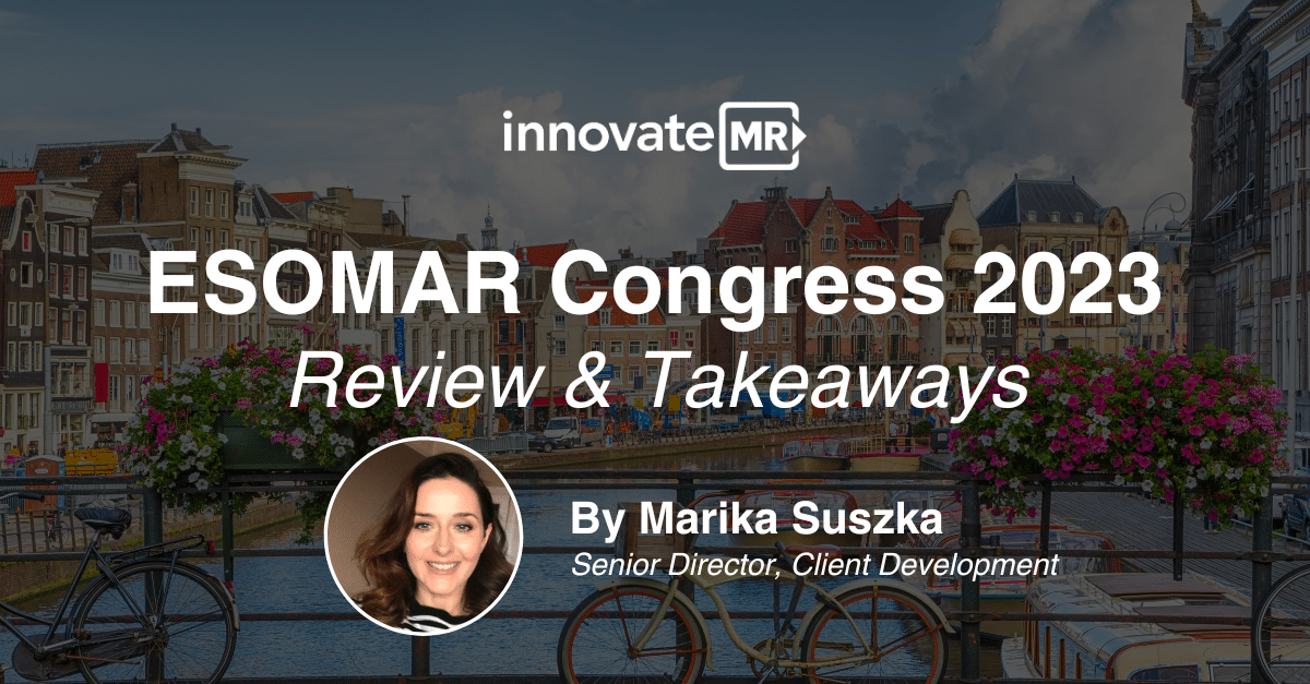 A promotional image for InnovateMR's coverage of ESOMAR Congress 2023. The banner features the title "ESOMAR Congress 2023 Review & Takeaways" with a photo of Marika Suszka, Senior Director, Client Development, highlighting key insights in data collection and market research.
