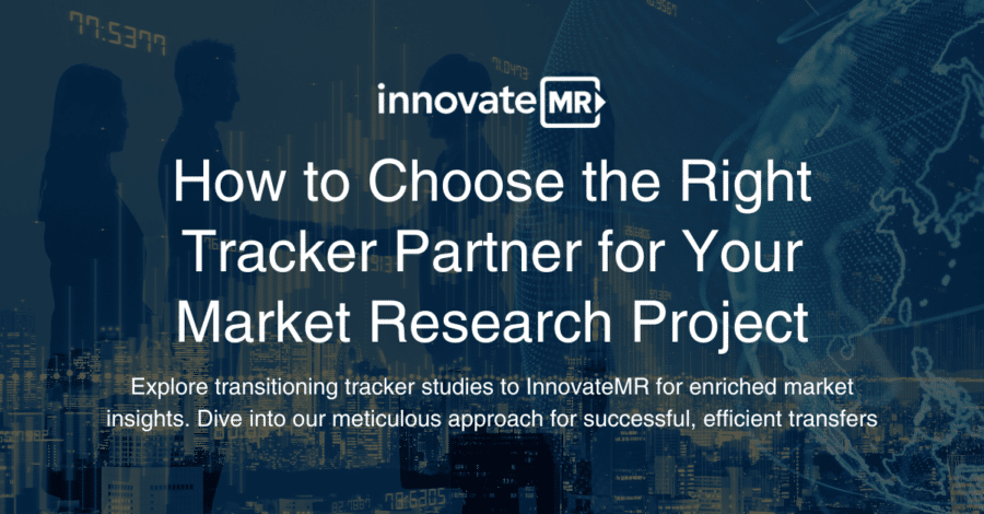 InnovateMR banner with text "How to Choose the Right Tracker Partner for Your Market Research Project" overlaid on a cityscape and digital graphics background, highlighting key insights into data collection.