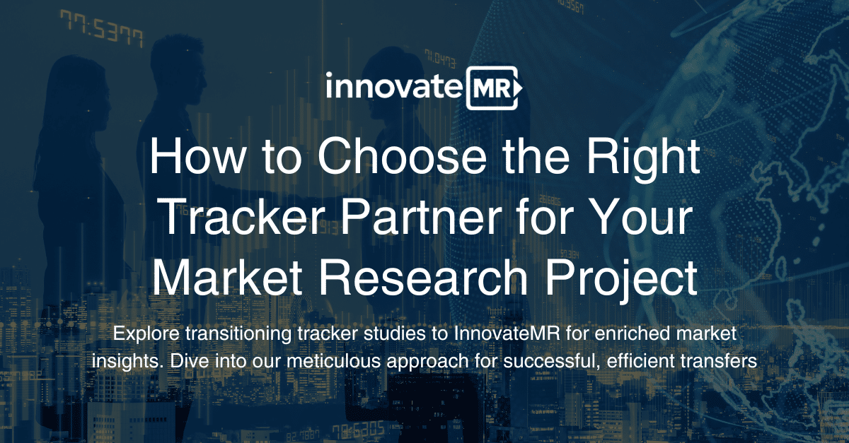 InnovateMR banner with text "How to Choose the Right Tracker Partner for Your Market Research Project" overlaid on a cityscape and digital graphics background, highlighting key insights into data collection.