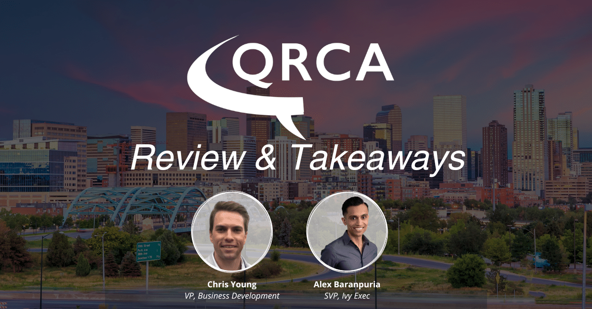 A city skyline at dusk with the text "ORCA Review & Takeaways." Below are headshots of two men identified as Chris Young, VP of Business Development, and Alex Baranpuria, SVP, Ivy Exec. Highlighting insights from market research and data collection efforts.