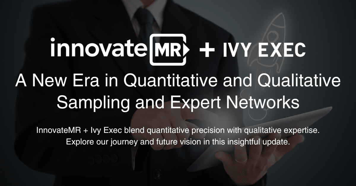 Banner featuring the logos of InnovateMR and Ivy Exec with the text "A New Era in Quantitative and Qualitative Sampling and Expert Networks." Includes a call to explore their journey in market research and future vision.