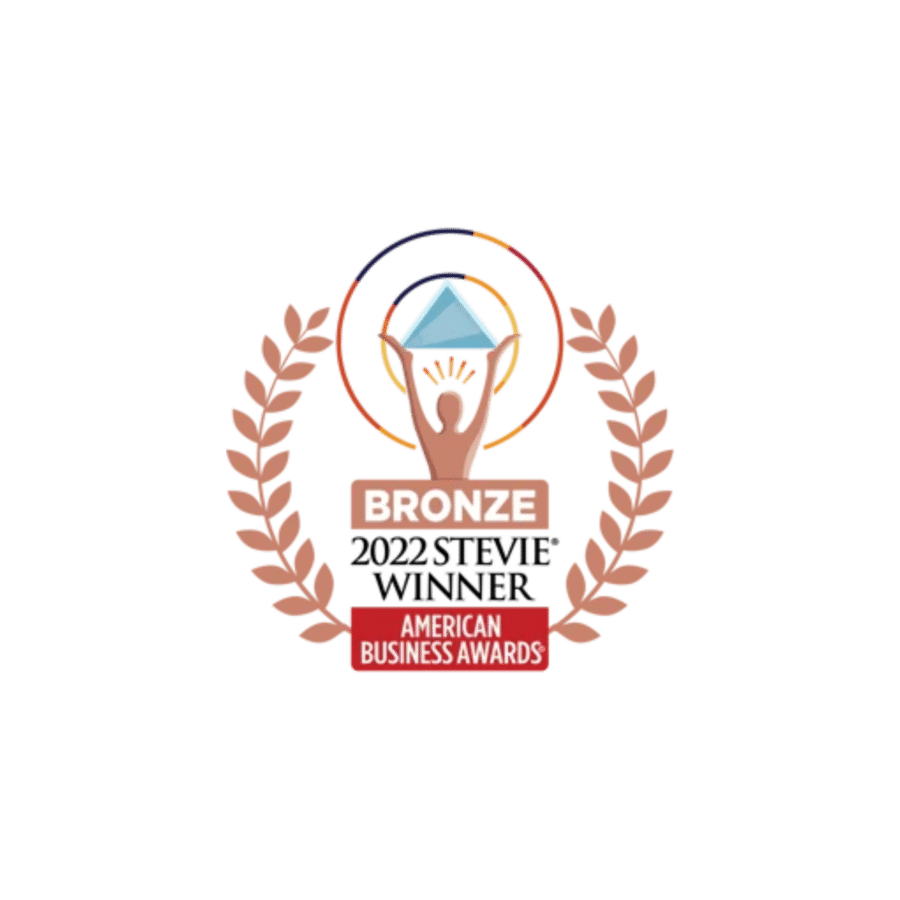 The American Business Awards Bronze Stevie Winner emblem features two laurel branches encircling a figure holding a pyramid, symbolizing excellence in market research and data collection.