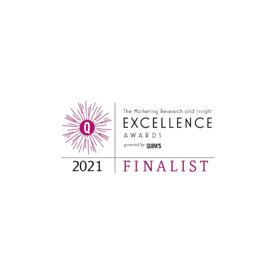 Logo of the 2021 Quirk's Media Marketing Research and Insight Excellence Awards, featuring the text "2021 FINALIST" and a starburst design, highlighting excellence in market research.