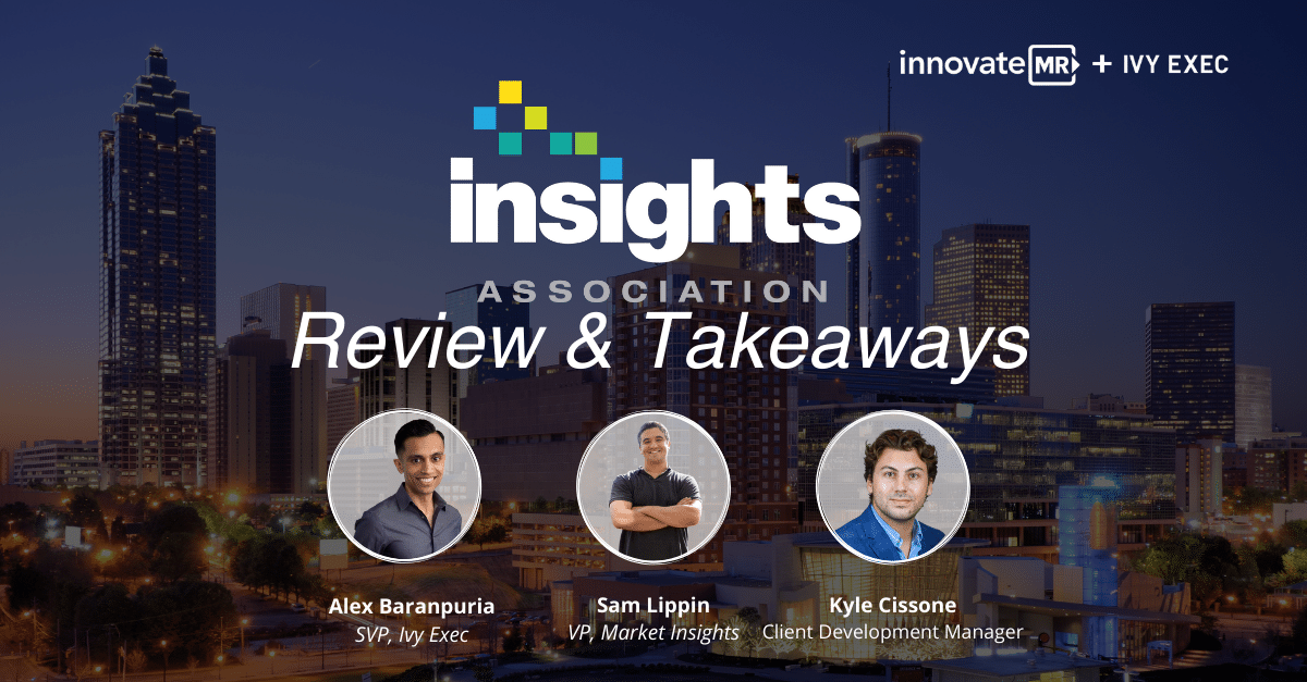 Promotional image for an Insights Association event titled "Review & Takeaways" featuring Alex Baranpuria, Sam Lippin, and Kyle Cissone. Join us with InnovateMR and Ivy Exec to explore market research insights. Set against a stunning city skyline.