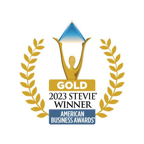 Gold award trophy with a blue pyramid at the top, within a laurel wreath, labeled "Gold" and "American Business Awards" below—recognizing exceptional achievements in market research and data collection.
