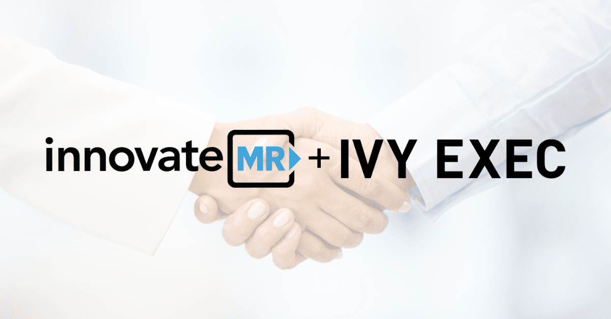 Two people shaking hands in the background with the text "innovate MR + IVY EXEC" overlaying the image, highlighting their collaboration in market research and data collection.