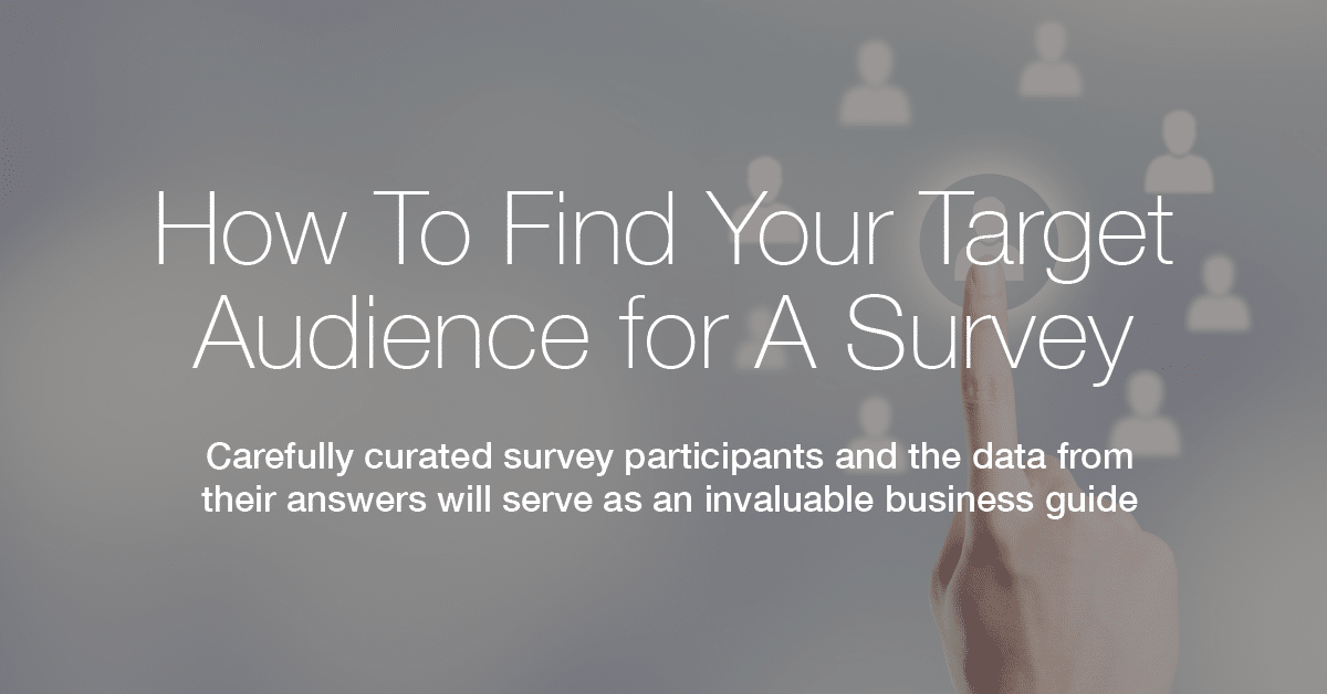 A finger pointing at an icon of a person on a touch screen; text reads "How To Find Your Target Audience for A Survey" with a subtext about the importance of curated survey participants and effective data collection.